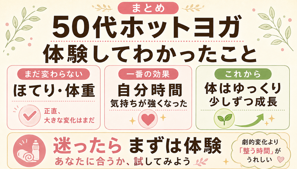 50代がホットヨガを体験してわかった変化をまとめた図解。自分時間や心の変化、体のゆるやかな成長を紹介