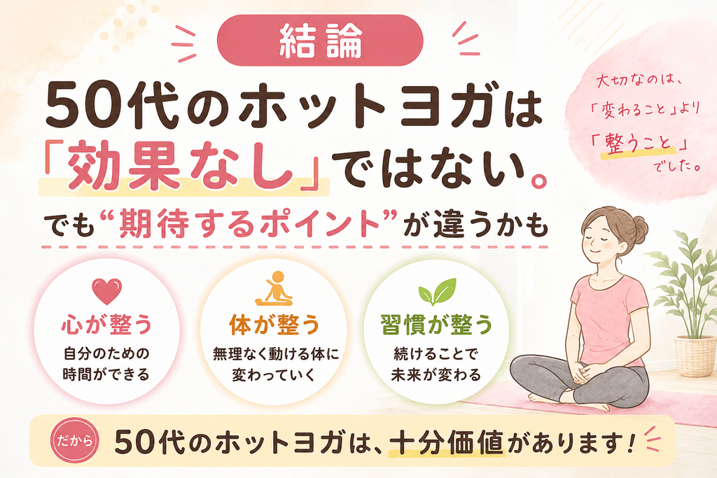 50代のホットヨガは効果なしではなく、心や体を整えることに価値があるという結論