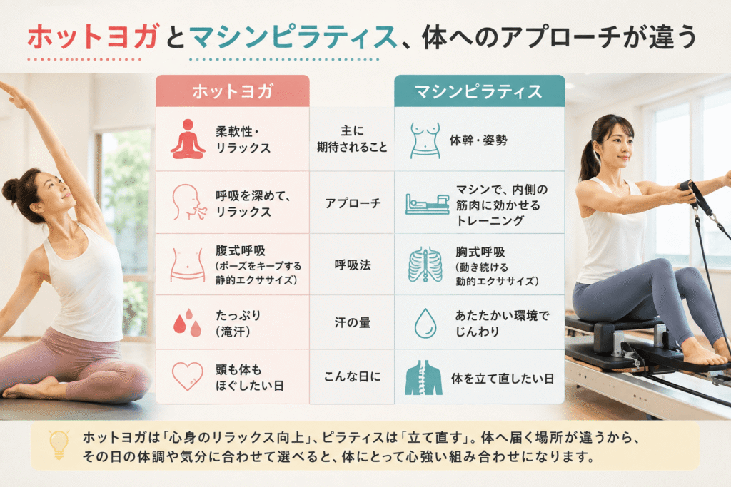 ホットヨガとマシンピラティスの体へのアプローチの違い図解